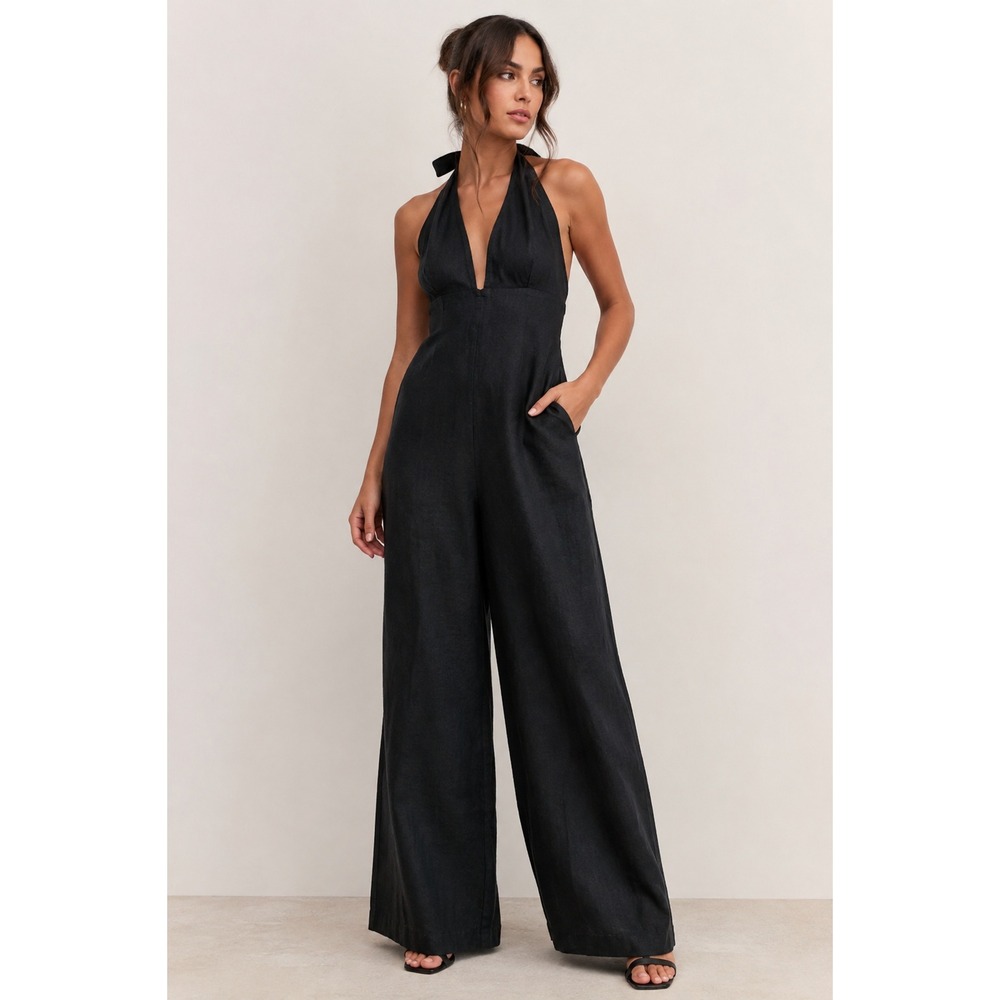 Wilfred Jumpsuit Size 4 Black Linen Halter Wide Leg Open Back Summer Chic